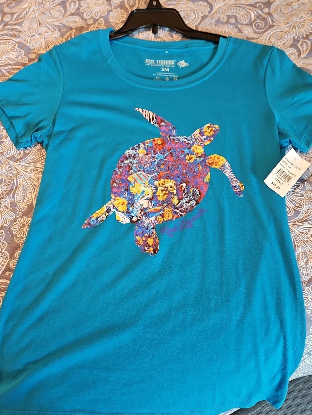 Reel Legends Teal Short-Sleeve Tee with Colorful Sea Turtle Print